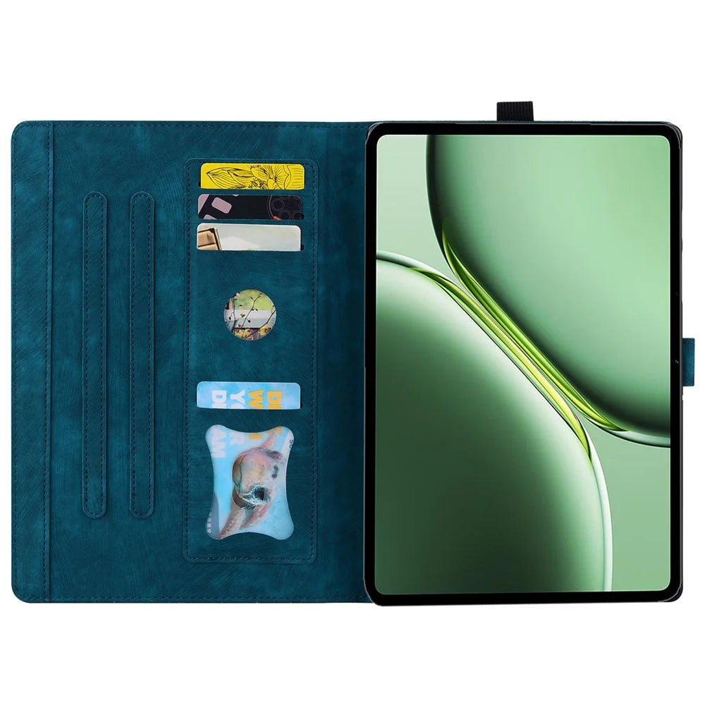 For OnePlus Pad Pro / Pad 2 Case Card Slots Leather Tablet Stand Folio Cover Flower Cat - Blue - 2