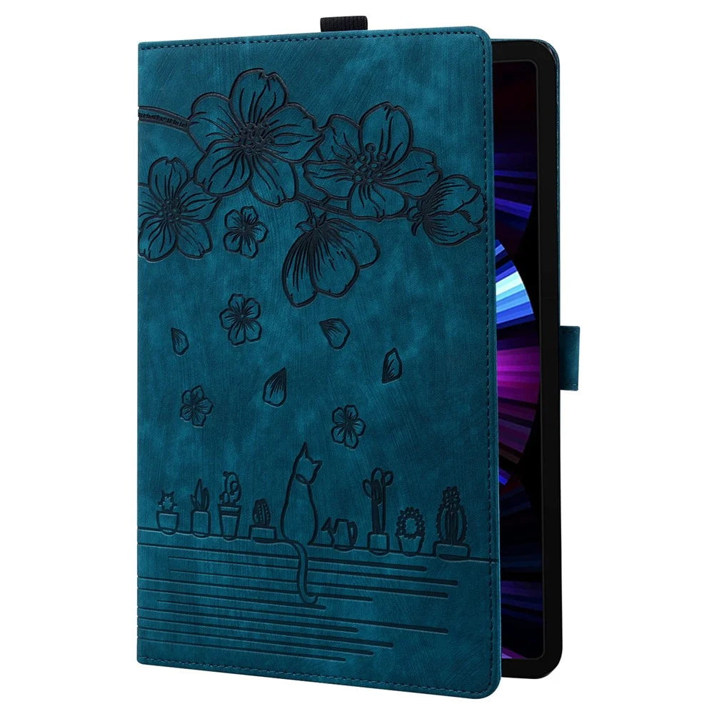 For OnePlus Pad Pro / Pad 2 Case Card Slots Leather Tablet Stand Folio Cover Flower Cat - Blue - 4