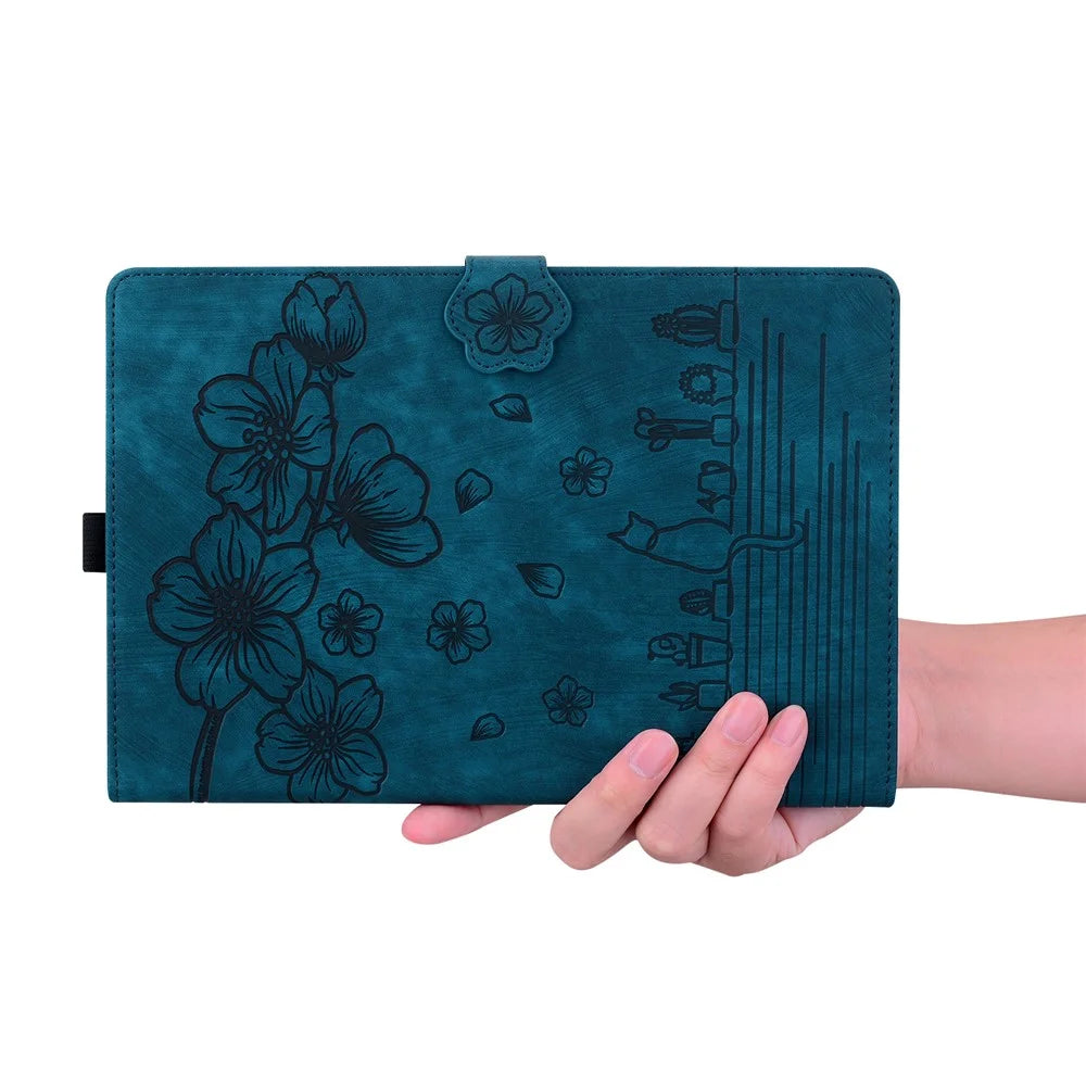 For OnePlus Pad Pro / Pad 2 Case Card Slots Leather Tablet Stand Folio Cover Flower Cat - Blue - 6