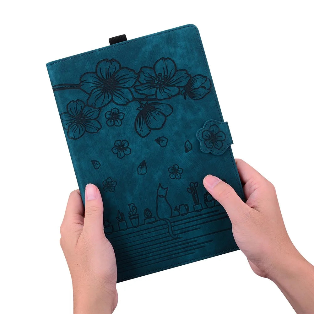 For OnePlus Pad Pro / Pad 2 Case Card Slots Leather Tablet Stand Folio Cover Flower Cat - Blue - 7