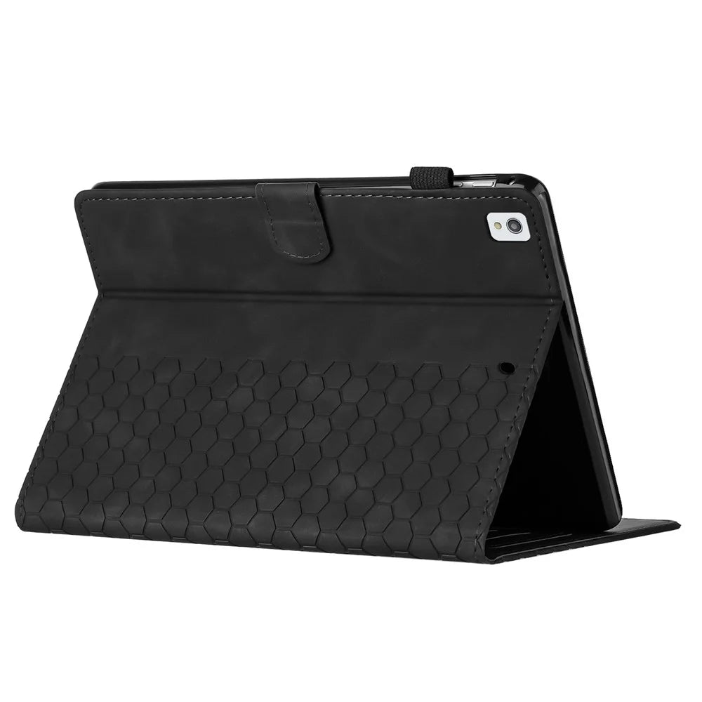 For iPad 10.2 (2021)  /  (2020)  /  (2019) Case Honeycomb Printed Leather Tablet Cover with Card Slot - Black - 2