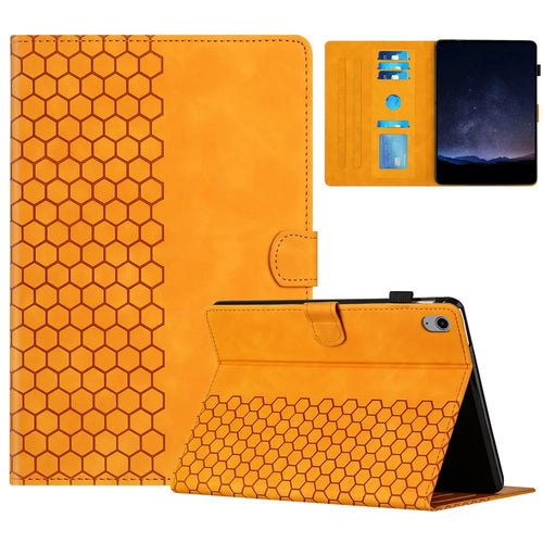 For iPad (2025) / 10.9 (2022) Case Honeycomb Printed Leather Tablet Cover with Card Slot - Yellow - 1
