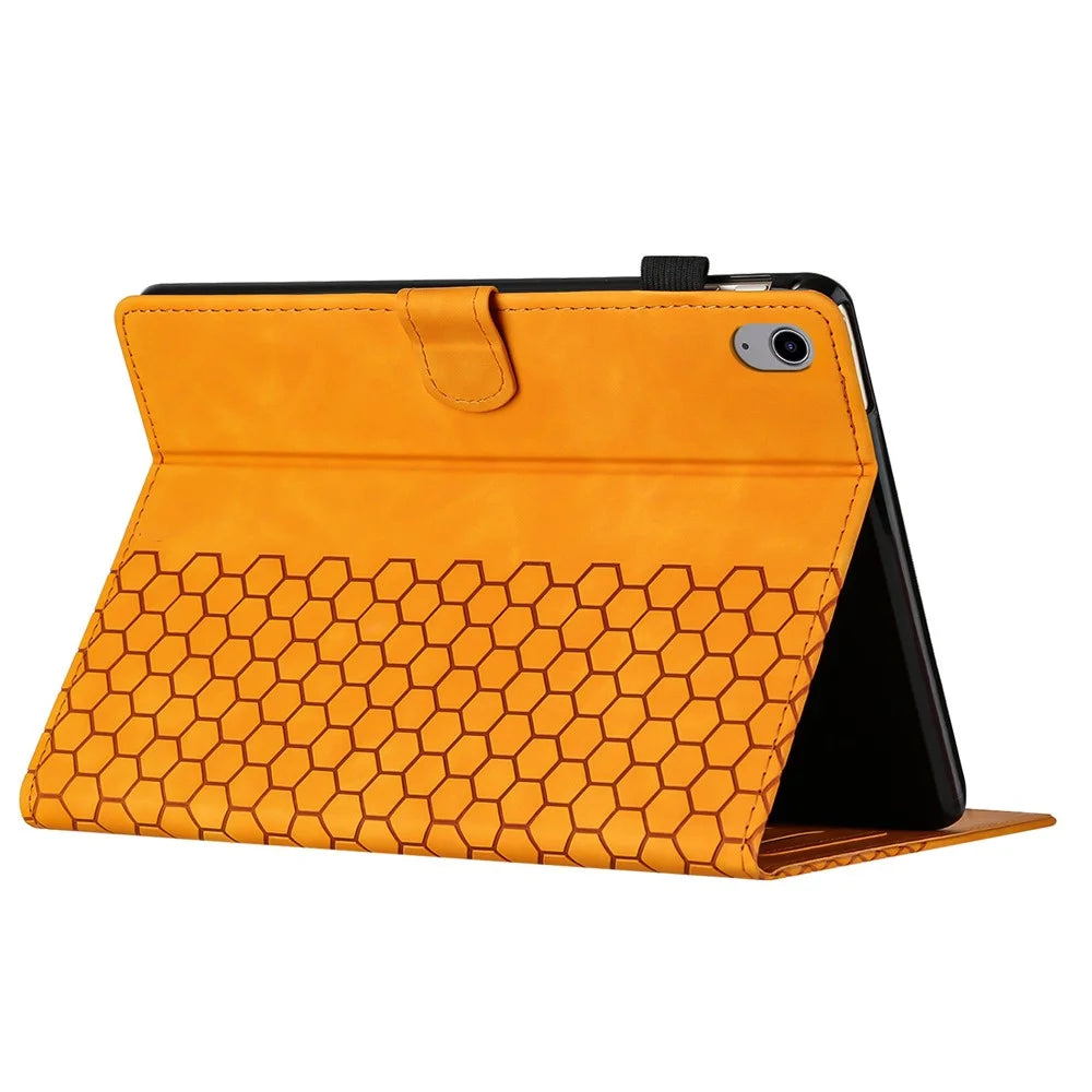 For iPad (2025) / 10.9 (2022) Case Honeycomb Printed Leather Tablet Cover with Card Slot - Yellow - 4