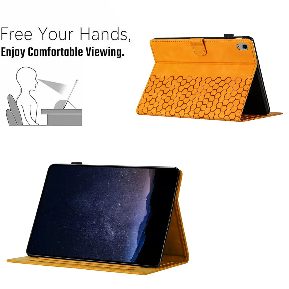 For iPad (2025) / 10.9 (2022) Case Honeycomb Printed Leather Tablet Cover with Card Slot - Yellow - 5