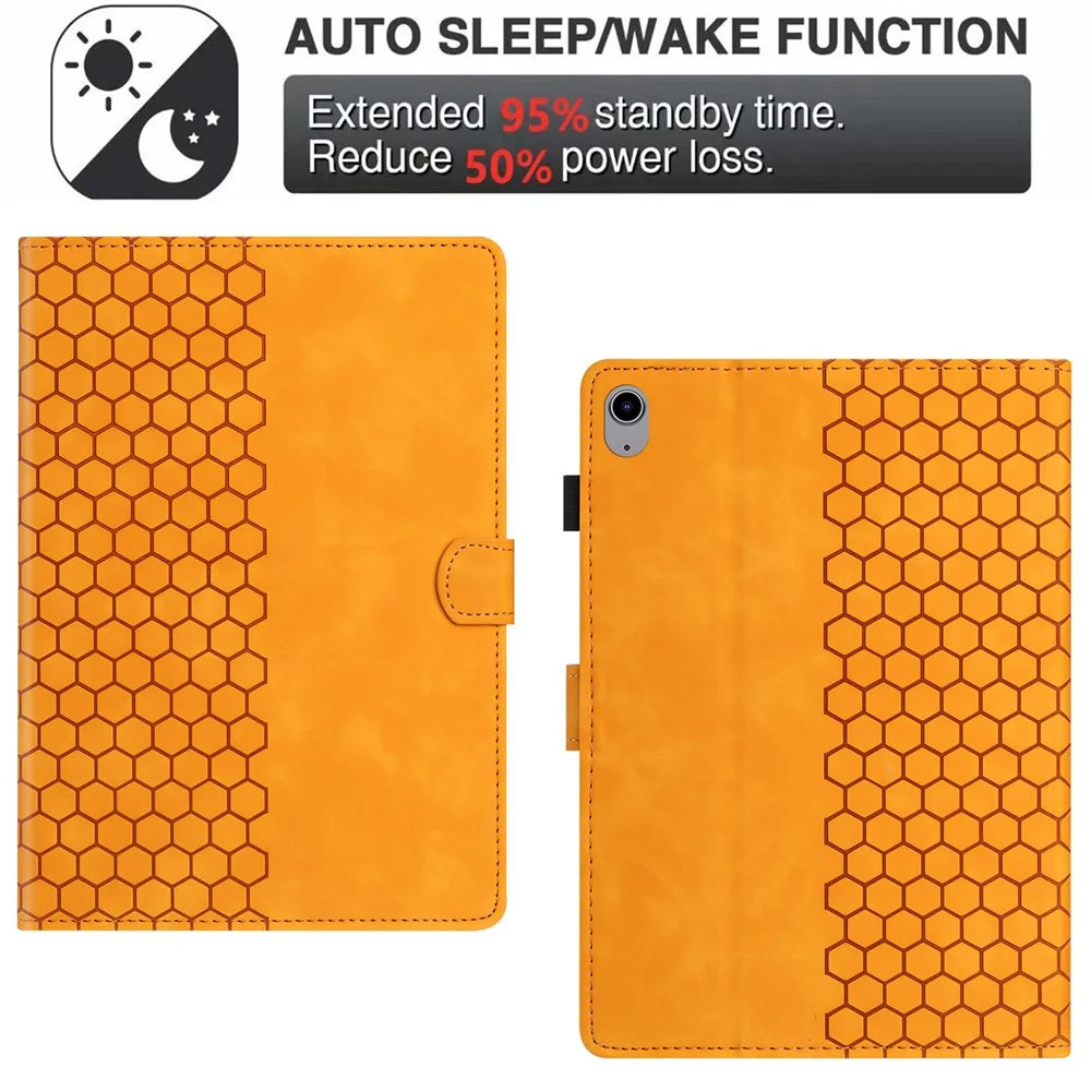 For iPad (2025) / 10.9 (2022) Case Honeycomb Printed Leather Tablet Cover with Card Slot - Yellow - 6