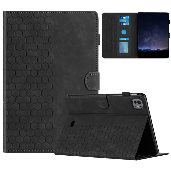 For iPad Pro 11 (2025) / 11 (2024) Case Honeycomb Printed Leather Tablet Cover with Card Slot - Black - 1