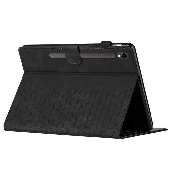 For Samsung Galaxy Tab S10 FE / S9 FE / S9 Case Honeycomb Printed Leather Tablet Cover with Card Slot - Black - 4