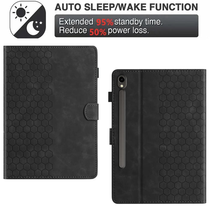 For Samsung Galaxy Tab S10 FE / S9 FE / S9 Case Honeycomb Printed Leather Tablet Cover with Card Slot - Black - 6