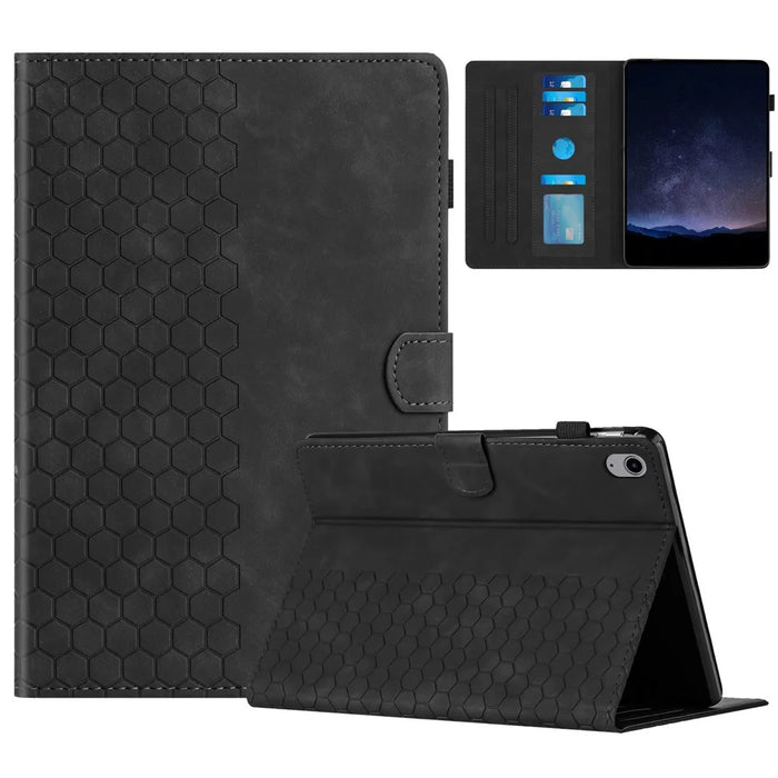 For Lenovo Tab P11 Case Honeycomb Printed Leather Tablet Cover with Card Slot - Black - 1