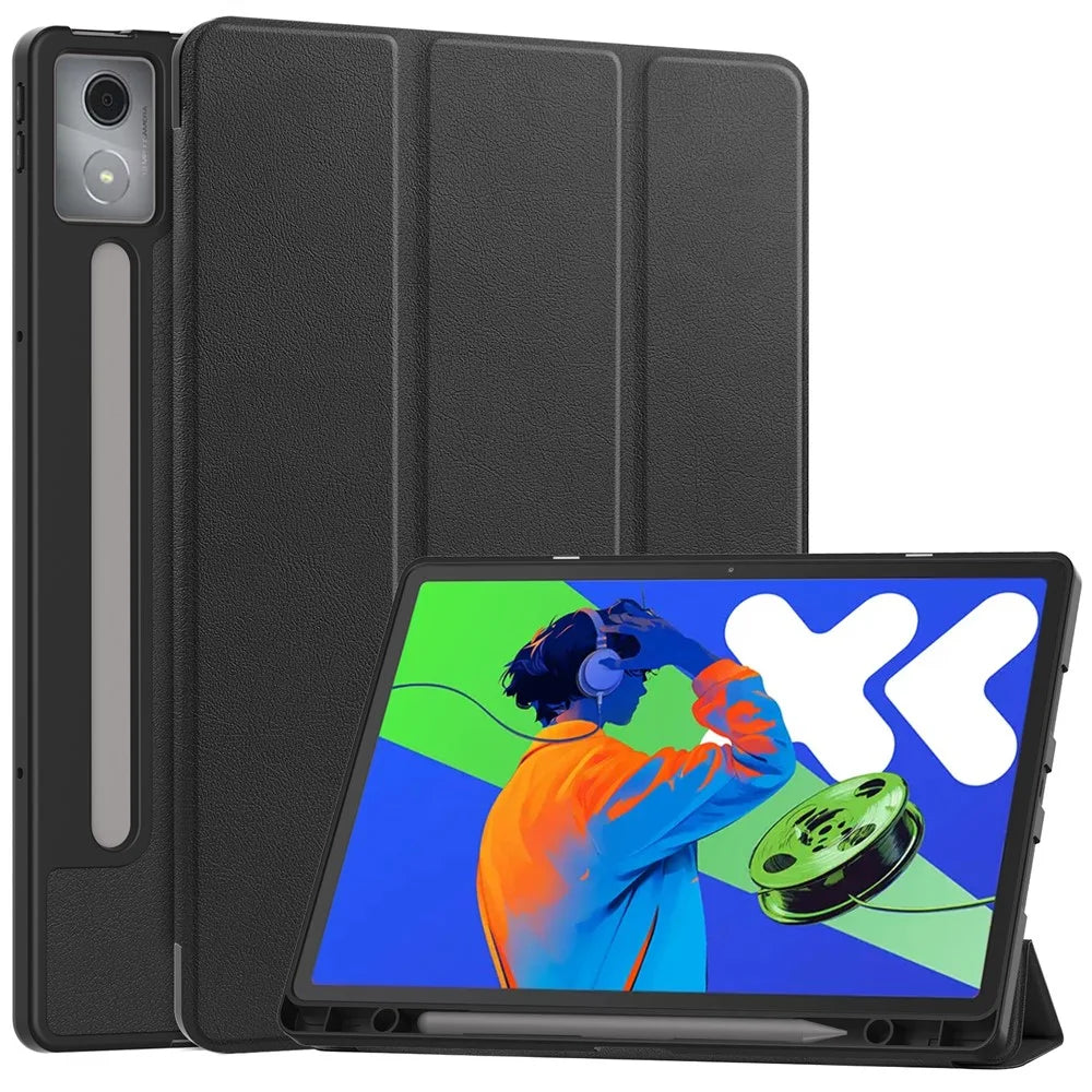For Lenovo Xiaoxin Pad Pro 12.7 (2025) Stand Case Shock-Absorbent Leather Tablet Cover with Pen Slot - Black - 1