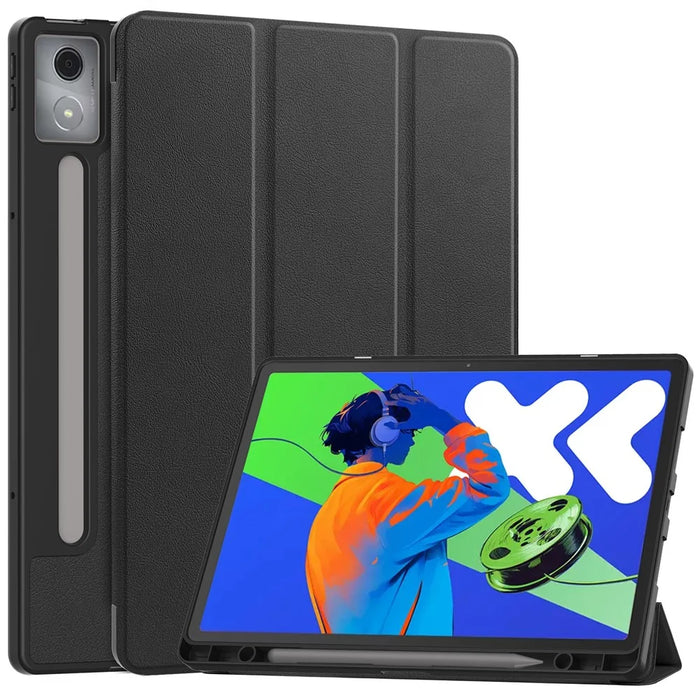 For Lenovo Xiaoxin Pad Pro 12.7 (2025) Stand Case Shock-Absorbent Leather Tablet Cover with Pen Slot - Black - 1