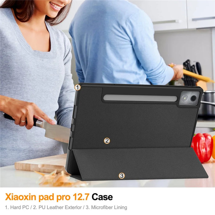 For Lenovo Xiaoxin Pad Pro 12.7 (2025) Stand Case Shock-Absorbent Leather Tablet Cover with Pen Slot - Black - 7