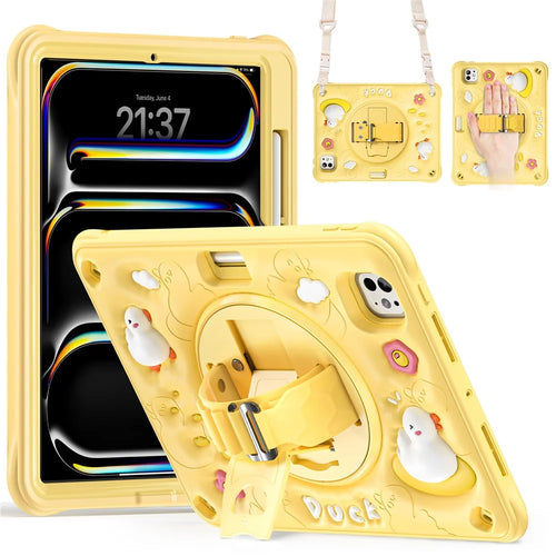 For iPad Pro 11 (2025) / 11 (2024) Case with Shoulder Strap Duck Pattern Hand Strap Kickstand PC+Silicone+TPU Cover - 1