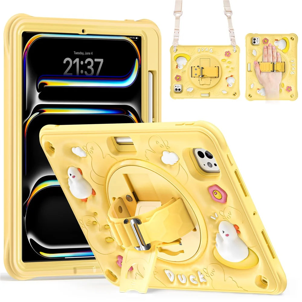 For iPad Pro 11 (2025) / 11 (2024) Case with Shoulder Strap Duck Pattern Hand Strap Kickstand PC+Silicone+TPU Cover - 1