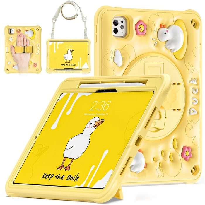 For iPad Pro 11 (2025) / 11 (2024) Case with Shoulder Strap Duck Pattern Hand Strap Kickstand PC+Silicone+TPU Cover - 2