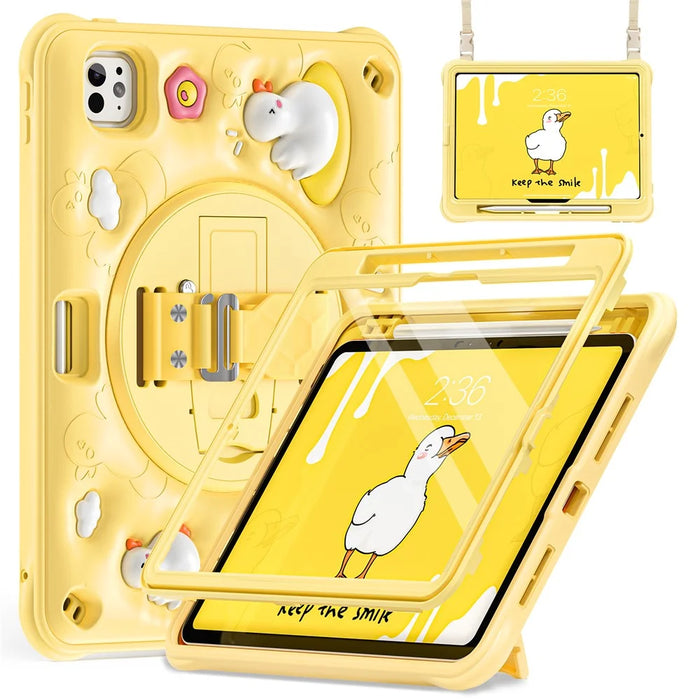 For iPad Pro 11 (2025) / 11 (2024) Case with Shoulder Strap Duck Pattern Hand Strap Kickstand PC+Silicone+TPU Cover - 3