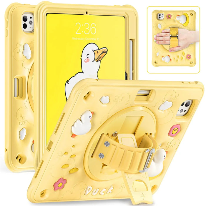 For iPad Pro 11 (2025) / 11 (2024) Case Duck Pattern Hand Strap Kickstand PC+Silicone+TPU Tablet Cover - 1