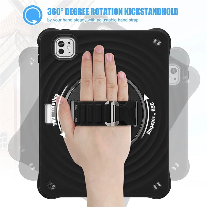 For iPad Pro 11 (2025) / 11 (2024) Case Hand Strap Kickstand TPU+PC+Silicone Tablet Cover - Black - 4