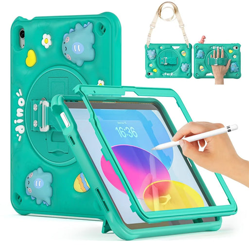 For iPad (2025) / 10.9 (2022) Case with Shoulder Strap Cartoon Dinosaur Kickstand PC+Silicone+TPU Cover - 1