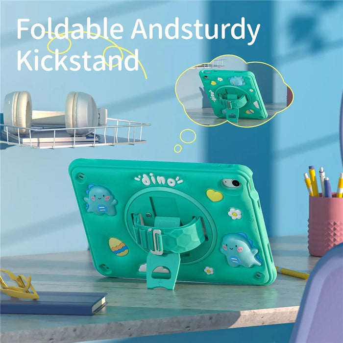For iPad (2025) / 10.9 (2022) Case with Shoulder Strap Cartoon Dinosaur Kickstand PC+Silicone+TPU Cover - 2