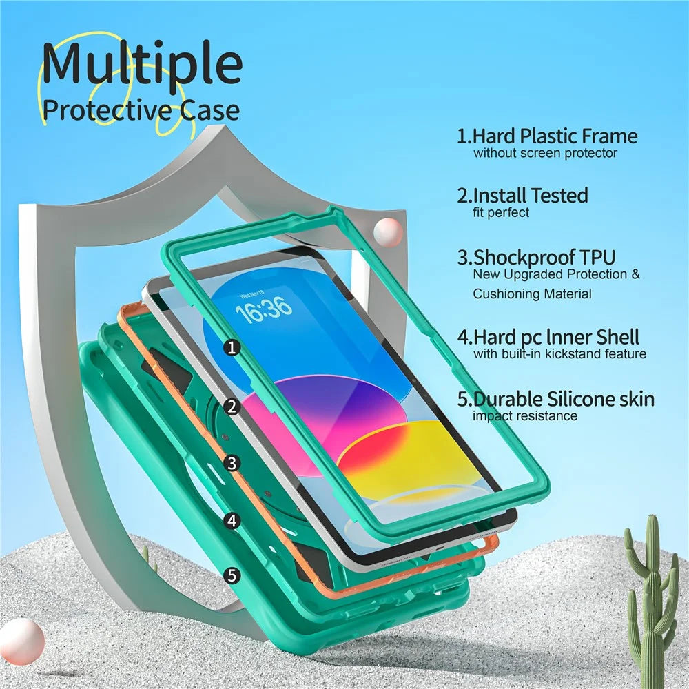For iPad (2025) / 10.9 (2022) Case with Shoulder Strap Cartoon Dinosaur Kickstand PC+Silicone+TPU Cover - 4