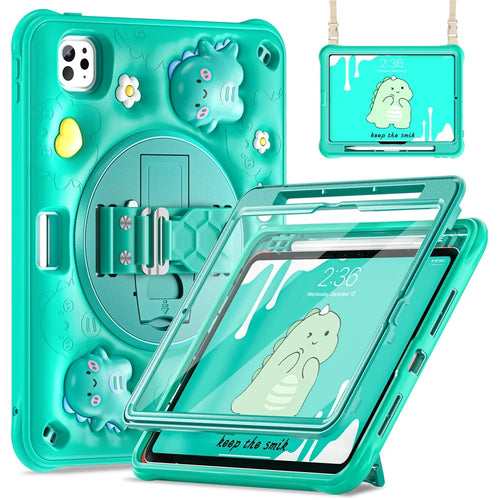 For iPad Pro 11 (2025) / 11 (2024) Case with Shoulder Strap Cartoon Dinosaur Kickstand PC+Silicone+TPU Cover - 1
