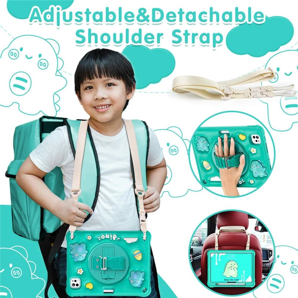 For iPad Pro 11 (2025) / 11 (2024) Case with Shoulder Strap Cartoon Dinosaur Kickstand PC+Silicone+TPU Cover - 6