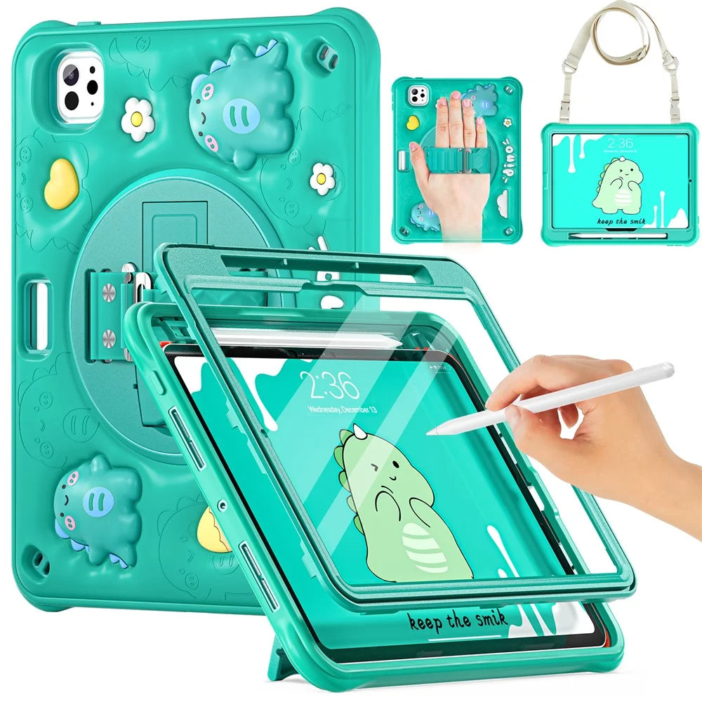 For iPad Pro 11 (2025) / 11 (2024) Case with Shoulder Strap Cartoon Dinosaur Kickstand PC+Silicone+TPU Cover - 2