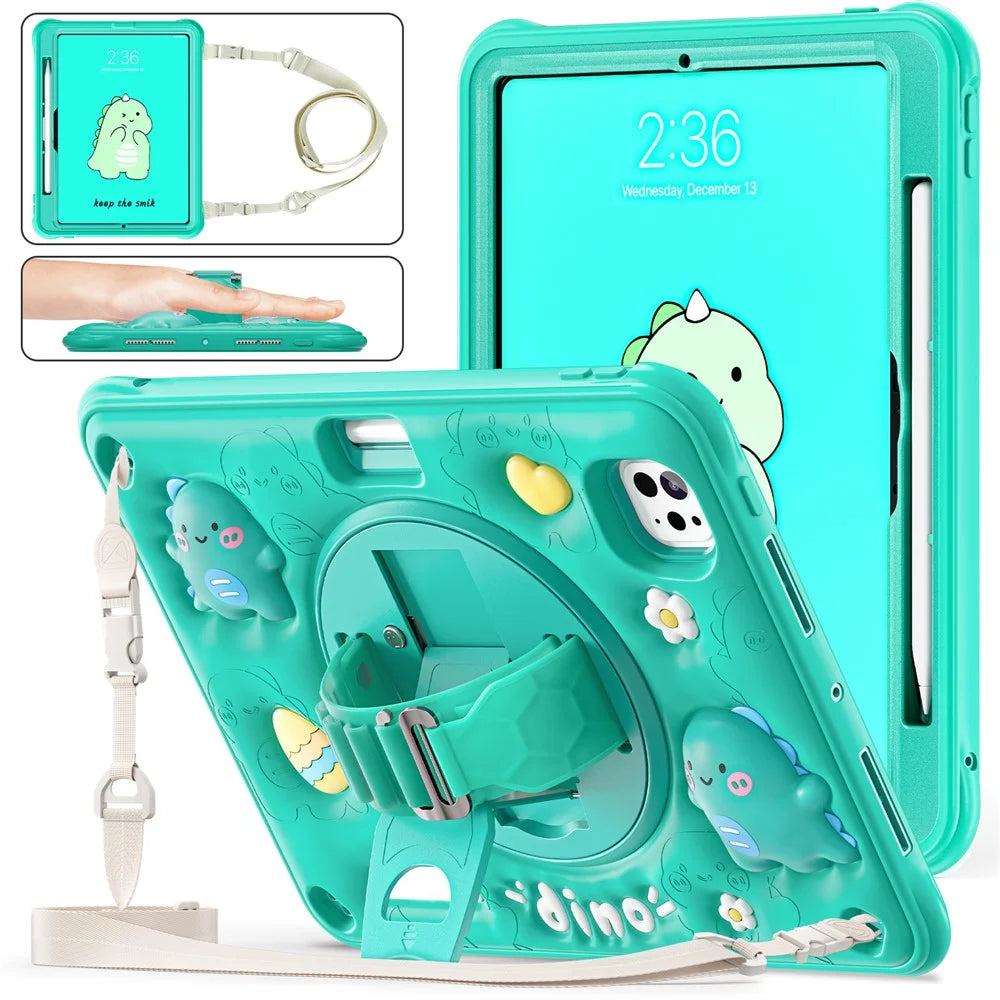 For iPad Pro 11 (2025) / 11 (2024) Case with Shoulder Strap Cartoon Dinosaur Kickstand PC+Silicone+TPU Cover - 3