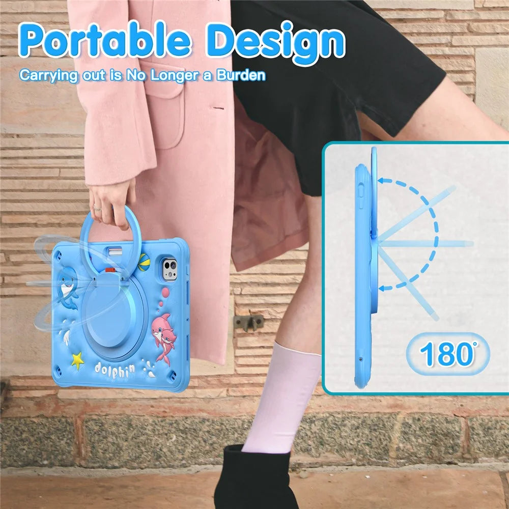 For iPad Pro 11 (2025) / 11 (2024) Case Cute Dolphin PC+Silicone+TPU Kickstand Tablet Cover - 6