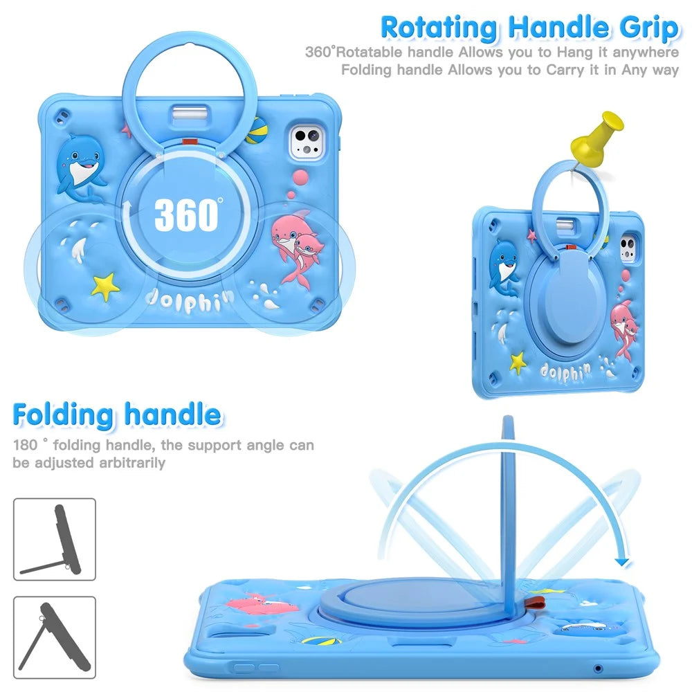 For iPad Pro 11 (2025) / 11 (2024) Case Cute Dolphin PC+Silicone+TPU Kickstand Tablet Cover - 3
