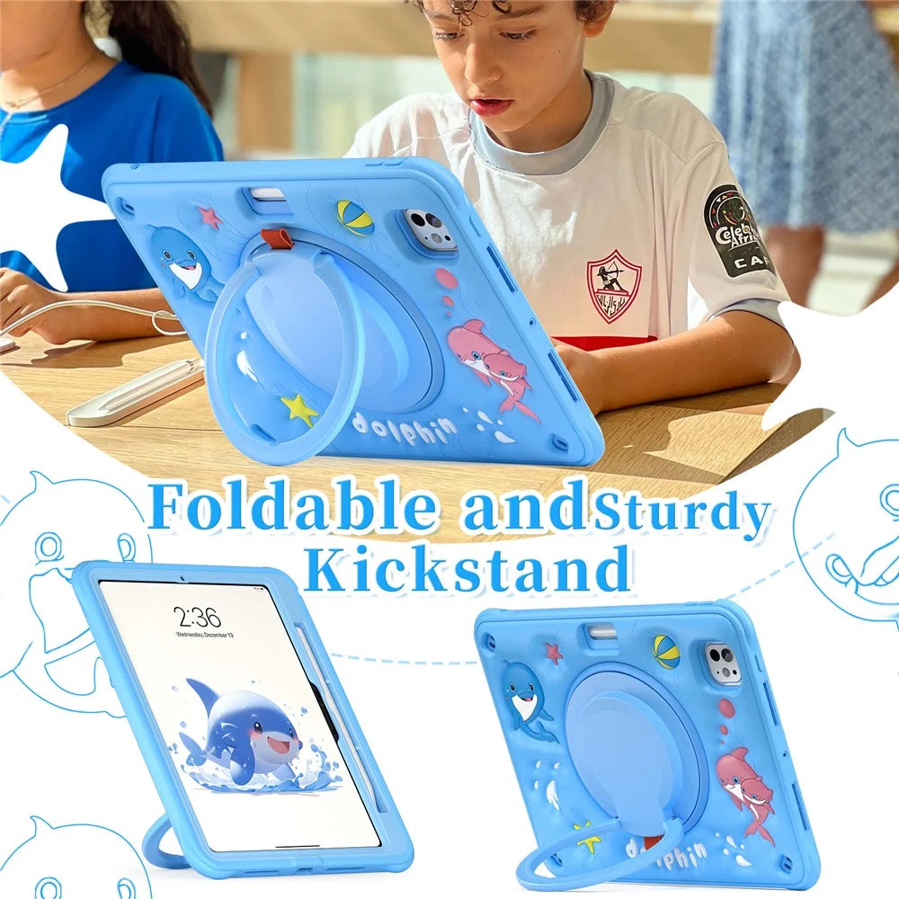 For iPad Pro 11 (2025) / 11 (2024) Case Cute Dolphin PC+Silicone+TPU Kickstand Tablet Cover - 4