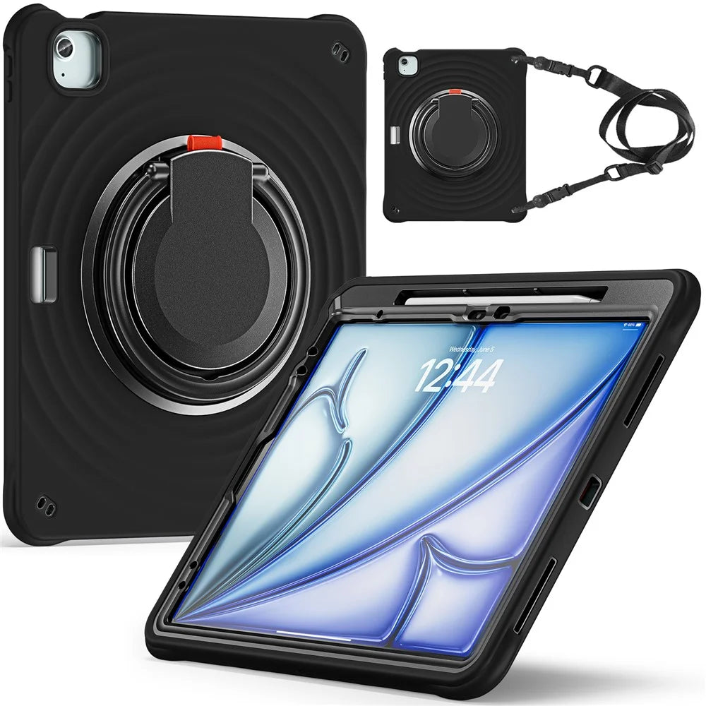 For iPad Air 13 (2026) / (2025) / (2024) / Pro 12.9 (2022) / (2021) / (2020) / (2018) Case with Shoulder Strap Kickstand Tablet Cover - Black - 2