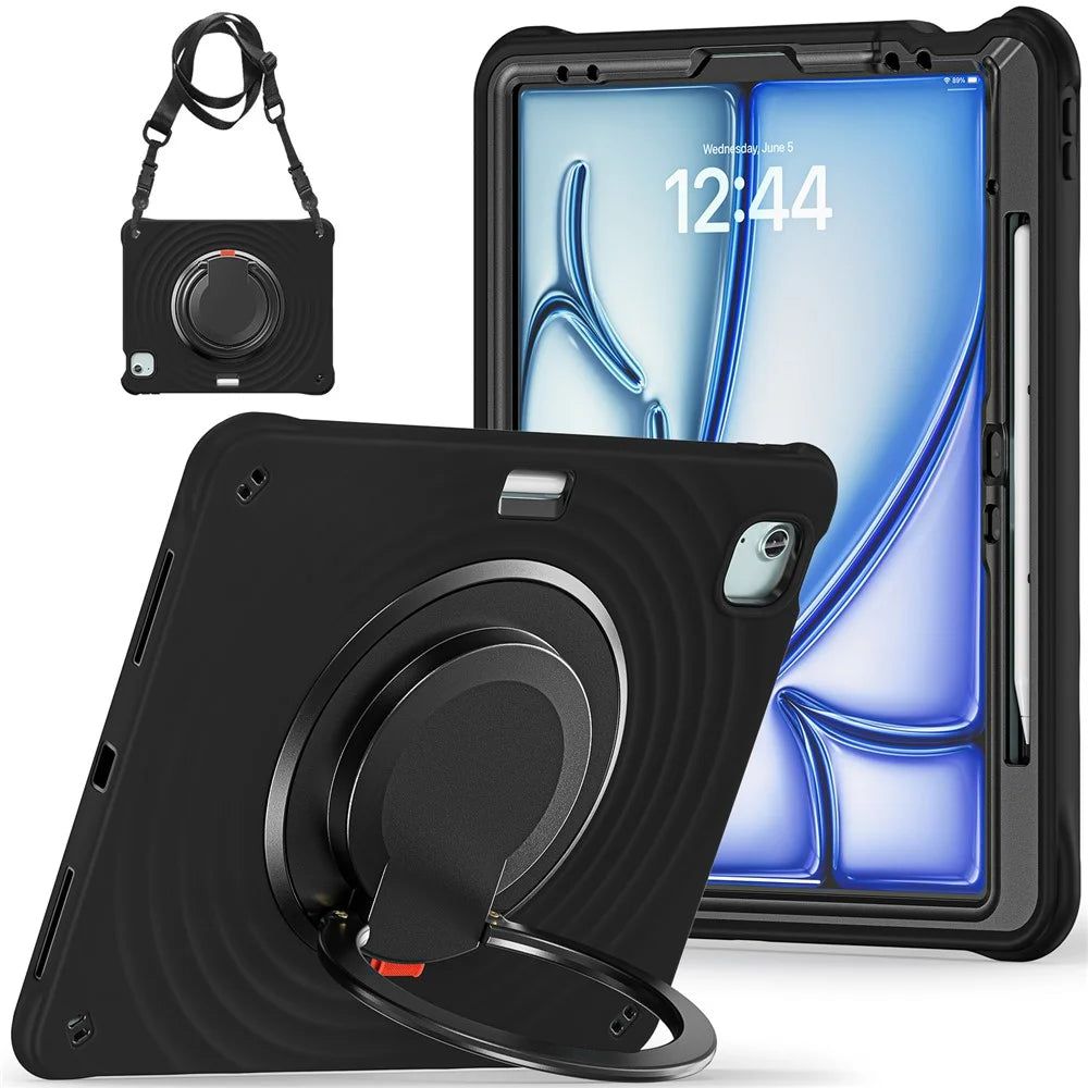 For iPad Air 13 (2026) / (2025) / (2024) / Pro 12.9 (2022) / (2021) / (2020) / (2018) Case with Shoulder Strap Kickstand Tablet Cover - Black - 3