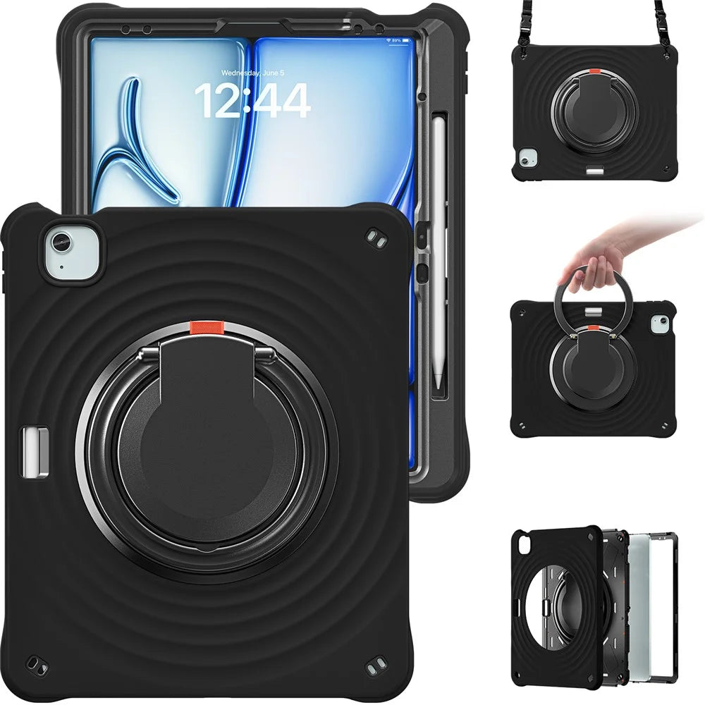 For iPad Air 13 (2026) / (2025) / (2024) / Pro 12.9 (2022) / (2021) / (2020) / (2018) Case with Shoulder Strap Kickstand Tablet Cover - Black - 4