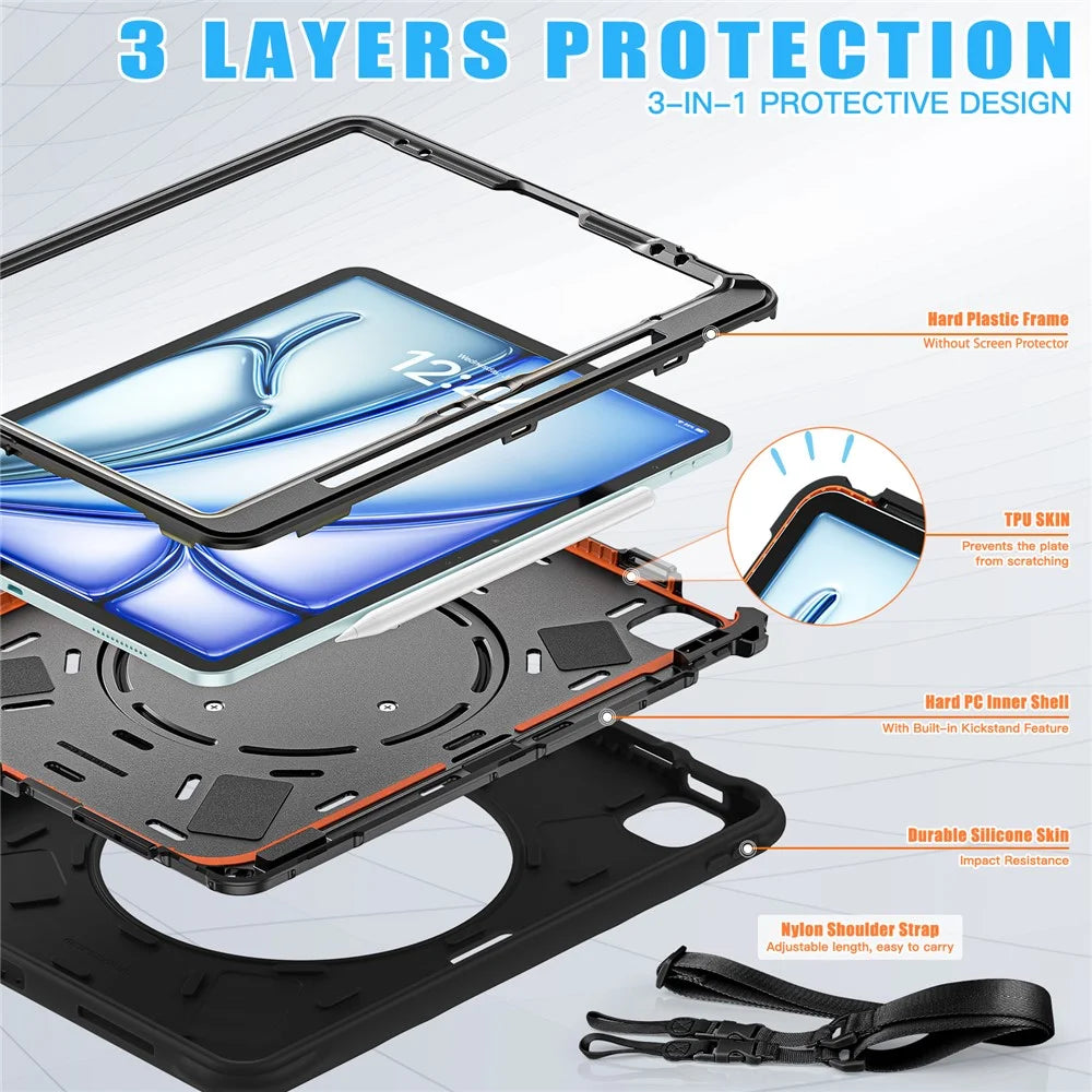 For iPad Air 13 (2026) / (2025) / (2024) / Pro 12.9 (2022) / (2021) / (2020) / (2018) Case with Shoulder Strap Kickstand Tablet Cover - Black - 5
