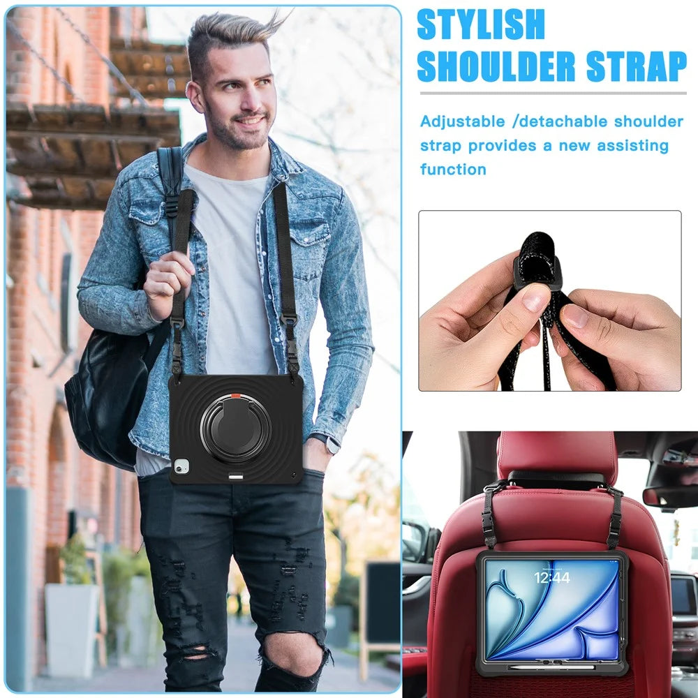 For iPad Air 13 (2026) / (2025) / (2024) / Pro 12.9 (2022) / (2021) / (2020) / (2018) Case with Shoulder Strap Kickstand Tablet Cover - Black - 7