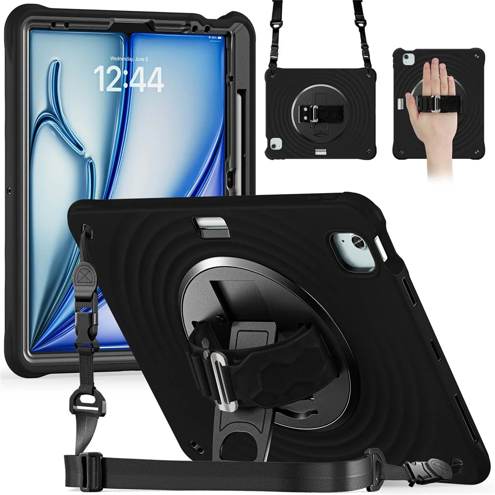 For iPad Air 13 (2026) / (2025) / (2024) / Pro 12.9 (2022) / (2021) / (2020) / (2018) Case Kickstand Tablet Cover with Shoulder Strap - Black - 1