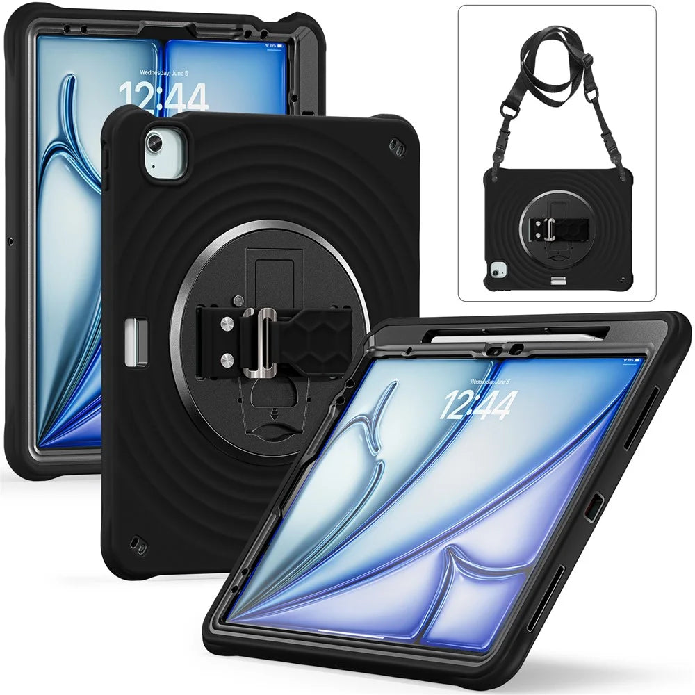 For iPad Air 13 (2026) / (2025) / (2024) / Pro 12.9 (2022) / (2021) / (2020) / (2018) Case Kickstand Tablet Cover with Shoulder Strap - Black - 2