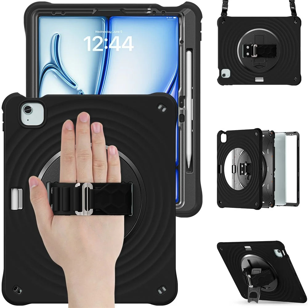 For iPad Air 13 (2026) / (2025) / (2024) / Pro 12.9 (2022) / (2021) / (2020) / (2018) Case Kickstand Tablet Cover with Shoulder Strap - Black - 3