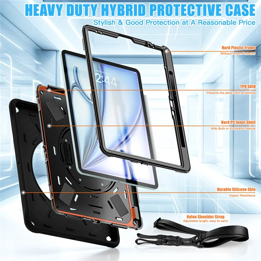 For iPad Air 13 (2026) / (2025) / (2024) / Pro 12.9 (2022) / (2021) / (2020) / (2018) Case Kickstand Tablet Cover with Shoulder Strap - Black - 4