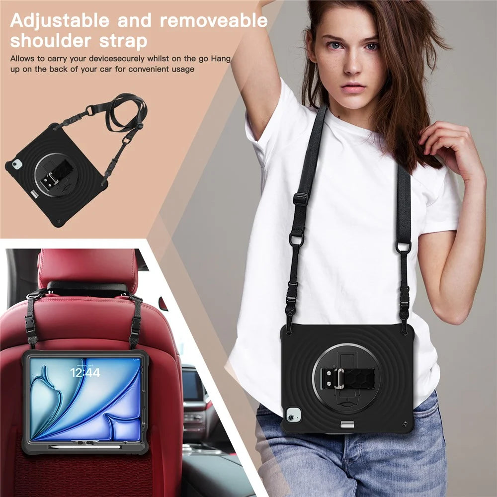 For iPad Air 13 (2026) / (2025) / (2024) / Pro 12.9 (2022) / (2021) / (2020) / (2018) Case Kickstand Tablet Cover with Shoulder Strap - Black - 5