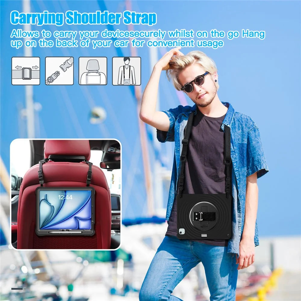 For iPad Air 13 (2026) / (2025) / (2024) / Pro 12.9 (2022) / (2021) / (2020) / (2018) Case Kickstand Tablet Cover with Shoulder Strap - Black - 6