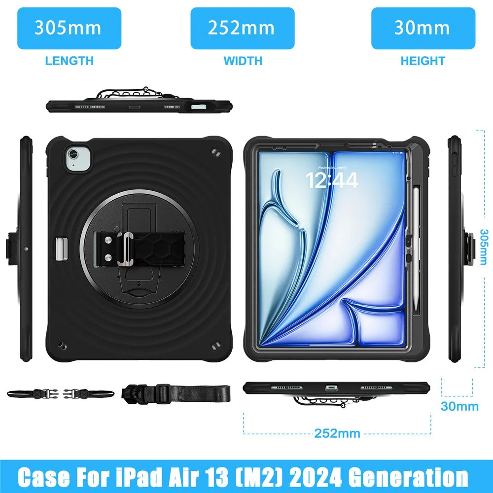 For iPad Air 13 (2026) / (2025) / (2024) / Pro 12.9 (2022) / (2021) / (2020) / (2018) Case Kickstand Tablet Cover with Shoulder Strap - Black - 7