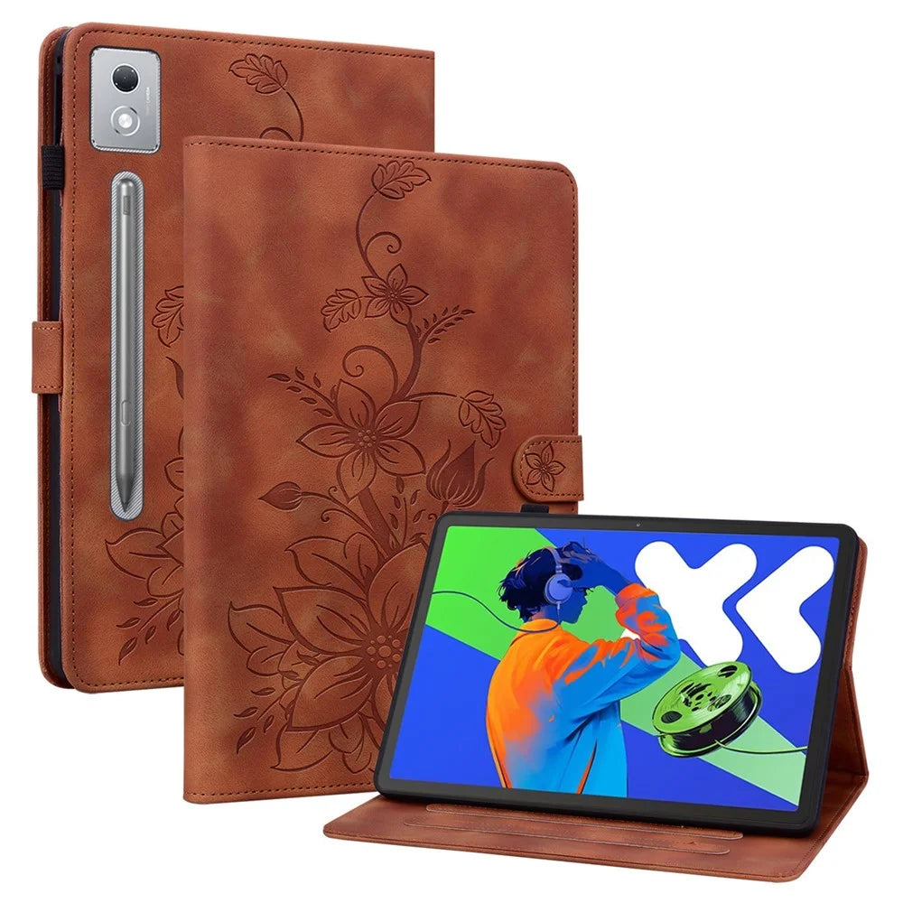 For Lenovo Tab P12 Pro 12.7 2025 / Xiaoxin Pad Pro 12.7 (2025) Case Lily Flower Imprint Card Slots Leather Tablet Cover - Brown - 1