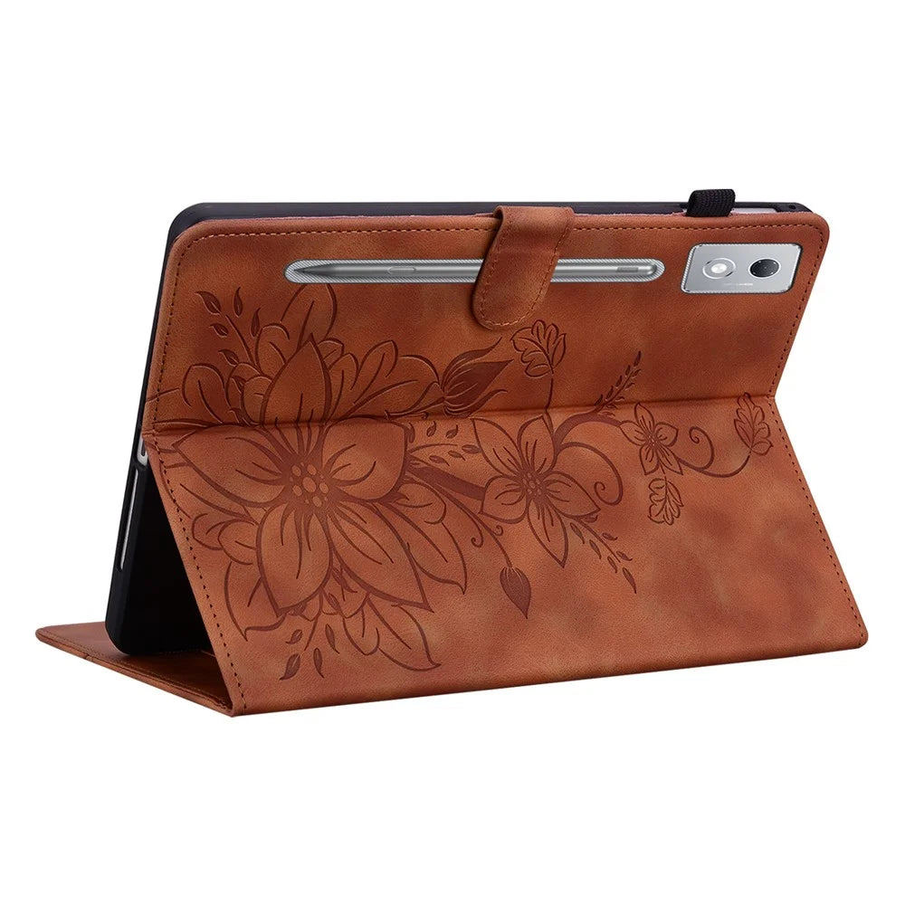 For Lenovo Tab P12 Pro 12.7 2025 / Xiaoxin Pad Pro 12.7 (2025) Case Lily Flower Imprint Card Slots Leather Tablet Cover - Brown - 4