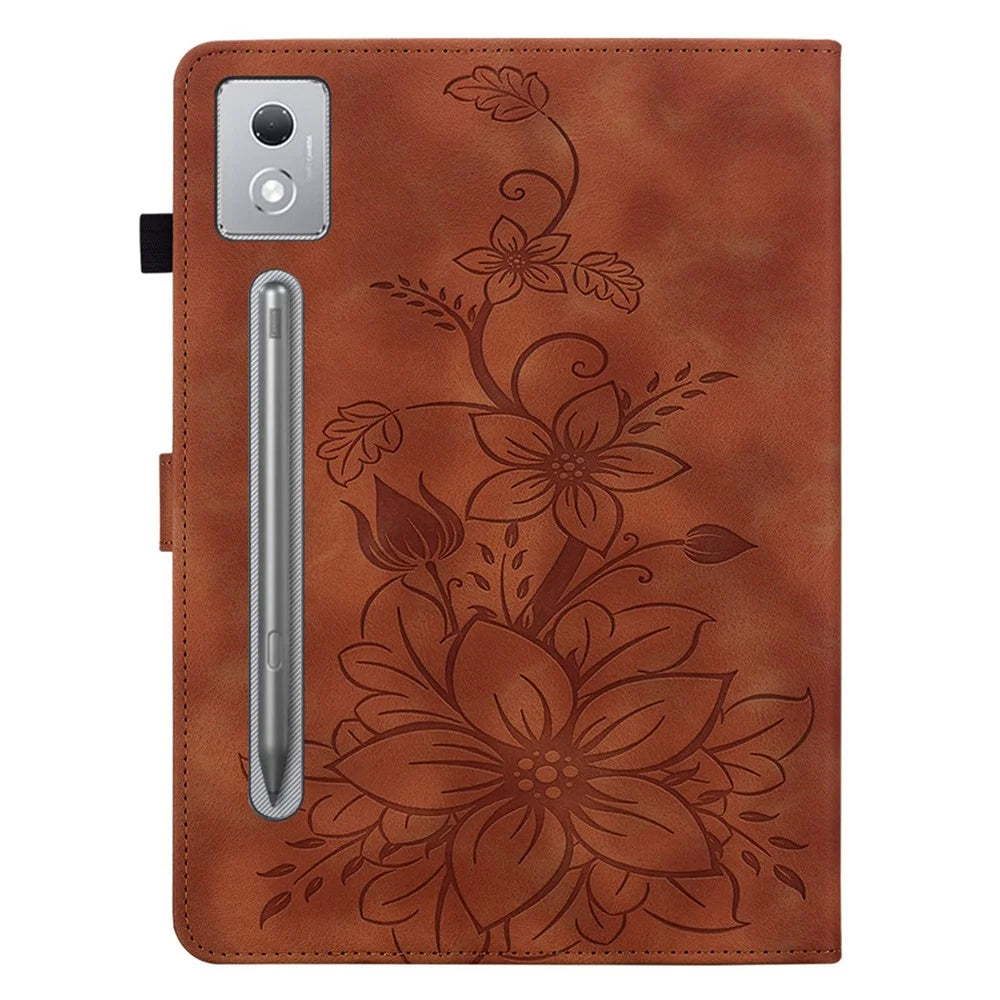 For Lenovo Tab P12 Pro 12.7 2025 / Xiaoxin Pad Pro 12.7 (2025) Case Lily Flower Imprint Card Slots Leather Tablet Cover - Brown - 6