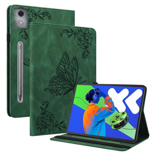 For Lenovo Tab P12 Pro 12.7 2025 / Xiaoxin Pad Pro 12.7 (2025) Case Butterfly Flower Imprint PU Leather Tablet Cover with Card Slots - Green - 1