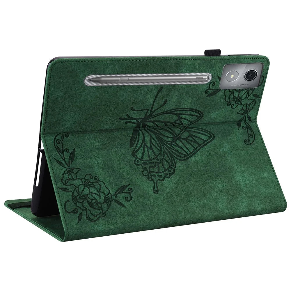 For Lenovo Tab P12 Pro 12.7 2025 / Xiaoxin Pad Pro 12.7 (2025) Case Butterfly Flower Imprint PU Leather Tablet Cover with Card Slots - Green - 4