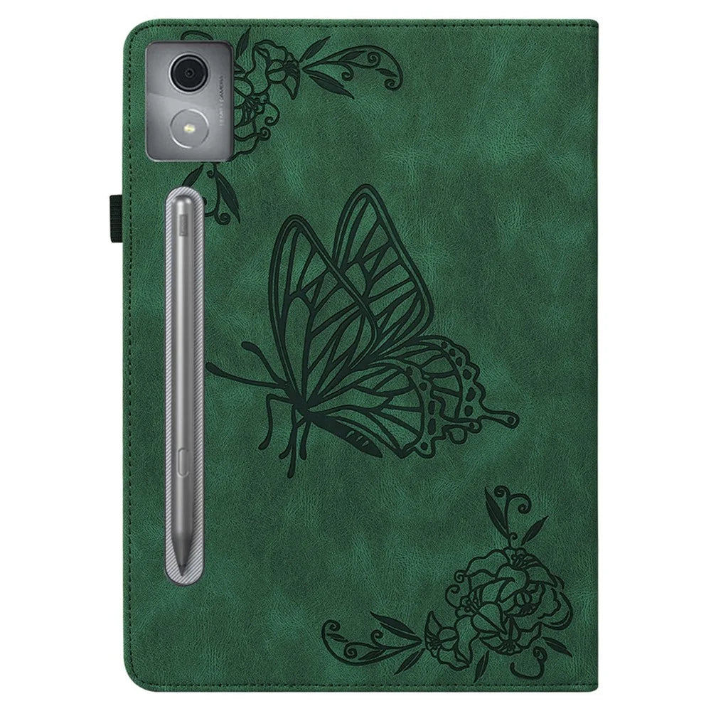 For Lenovo Tab P12 Pro 12.7 2025 / Xiaoxin Pad Pro 12.7 (2025) Case Butterfly Flower Imprint PU Leather Tablet Cover with Card Slots - Green - 6